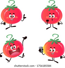 Vector de caracteres de tomates Ilustración contorno estilo de diseño dibujado a mano, presentación, sorprendido, feliz, con teléfono de mano