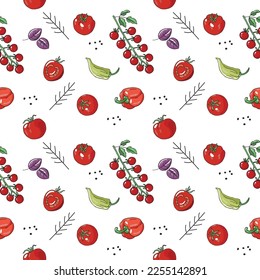 Tomatoes, cherry tomatoes, basil, pepper, chili pepper on white background vector seamless pattern