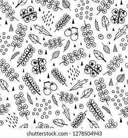 Tomatoes cherry on branch seamless pattern. Hand drawn vector black and white illustration. Cartoon doodle. Background, wallpaper. Colouring page. Web, print, fabric texture.