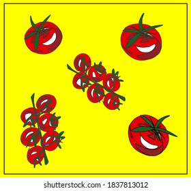 Tomatoes. Tomatoes. Cherry. Red vegetables. Healthy diet. Set of fruits and vegetables. Vegan. Vegetarian.
