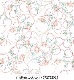 Tomatoes and cherry tomatoes seamless pattern, contour drawing illustration of superposed elements over white