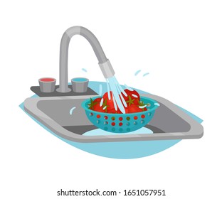 Tomatoes Cleaning and Washing with Tap Water Process Vector Illustration