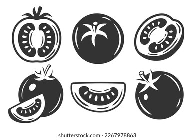 Tomatoes collection isolated on white background. Silhouette black tomatoes. Vector illustration