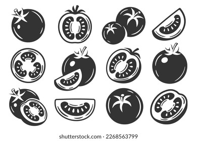 Tomatoes collection isolated on white background. Silhouette black tomatoes. Vector illustration