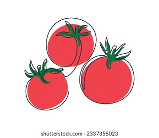 Tomatoes in continuous drawing style. Abstract minimalistic style. One line drawing fresh vegetables. Tomato outline with color. Drawing with single line. Doodle for logo or poster. Line art. 