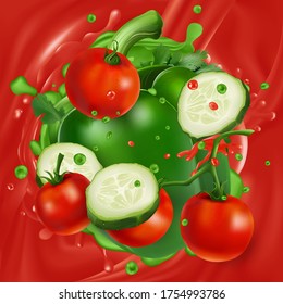 Tomatoes, cucumber and pepper on a background of vegetable juice