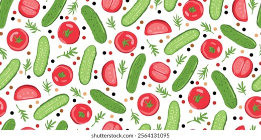 Tomatoes and Cucumber Vegetables Vector Seamless Pattern