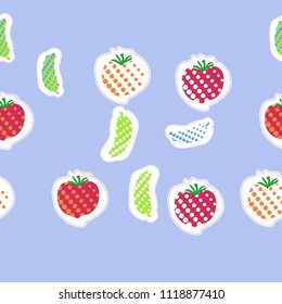 Tomatoes, cucumbers halftone  seamless pattern, dashed lines, tags. Hand drawn.
