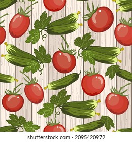 Tomatoes and cucumbers on a wooden background.Colored vector pattern with tomatoes and cucumbers on a wooden background.