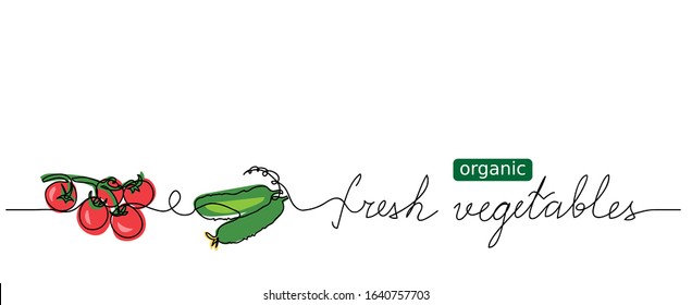 Tomatoes, cucumbers vector illustration. Organic fresh vegetables lettering. Vector design for web banner, background, signboard or label design. One continuous line drawing, fresh vegetables text. 