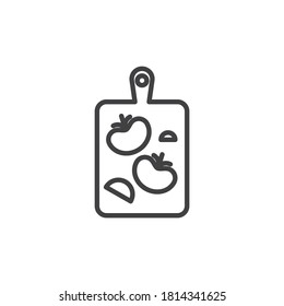 Tomatoes cut line icon. linear style sign for mobile concept and web design. Cutting board with tomato outline vector icon. Symbol, logo illustration. Vector graphics