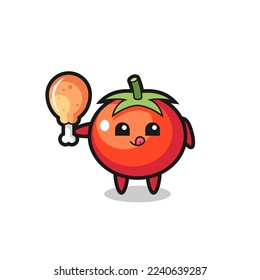 tomatoes cute mascot is eating a fried chicken , cute style design for t shirt, sticker, logo element