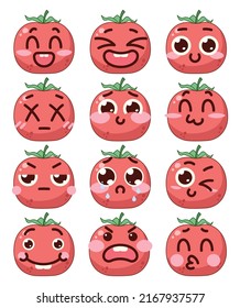 Emoji de tomates. Personaje íntimo con diferentes caras al estilo de las caricaturas. Ilustración vectorial aislada en fondo blanco.