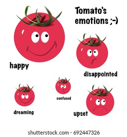 Tomatoes with emotions faces in cartoon style. Set. Vector illustration on white background.