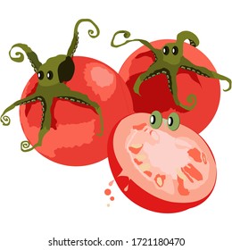 Tomatoes with eyes and a green octopus. Vector stock graphics.