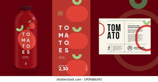 Tomatoes. Flat vector illustration. Price tag, label, packaging and product poster. Label design template on a bottle. Minimalistic, modern label.
