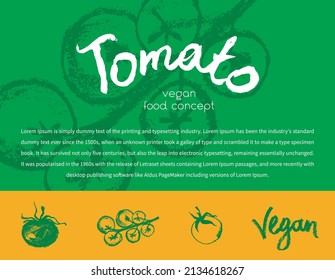 Tomatoes flyer. Tomato drawings for Italian food poster, spanish cooking ad card. Cooking courses vector vertical banner template. Hand-drawn illustration. Organic vegetables. Vegan restaurant menu.