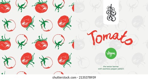 Tomatoes flyer. Tomato drawings for Italian food poster, spanish cooking ad card. Cooking courses vector panoramic banner template. Hand-drawn illustration. Organic vegetables. Vegan restaurant menu.