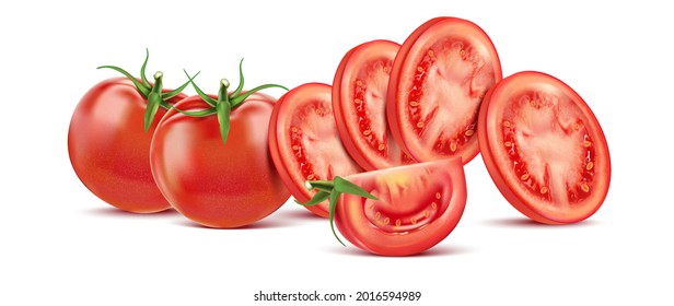 Tomatoes flying set with slice of pieces elements isolated on white background, Vector realistic in 3D illustration.