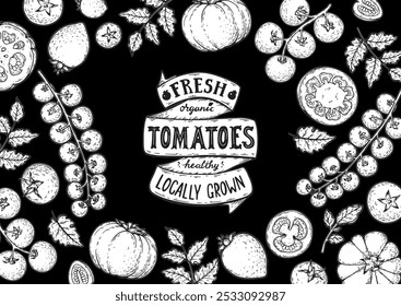 Tomatengestell. Handgezeichnete Abbildung. Tomaten-Gemüse-Skizze. Organische Tomate Design-Vorlage. Vektorgrafik. Design-Elemente der Verpackung.