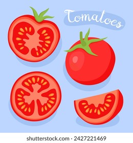 Tomates. Verduras frescas. Ingrediente para cocinar. Producto vegetariano saludable y dietético. Mitad, rebanada y entero de tomates rojos. 
