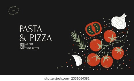 Tomatoes with garlic and pepper. Horizontal dark design template.