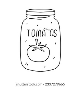 Tomatoes in a glass jar. Hand drawn doodle style. Vector illustration isolated on white. Coloring page.