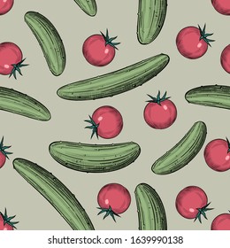 Сherry tomatoes and green cucumbers. Seamless pattern background with red tomatoes and cucumbers. Vintage color engraving stylized drawing. Vector illustration