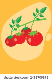 Tomatoes and green leafs on a yellow background