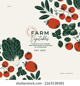 Tomatoes and greens design template. Garden food. Farm fresh organic vegetables background