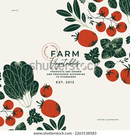Tomatoes and greens design template. Garden food. Farm fresh organic vegetables background
