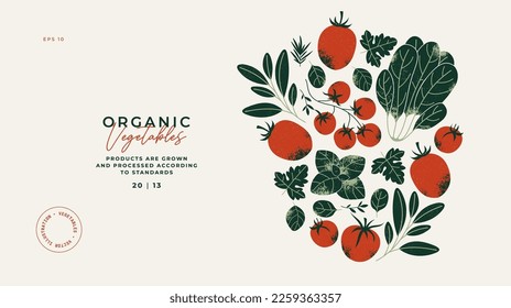 Tomatoes and greens horizontal design template. Garden food. Farm fresh organic vegetables background