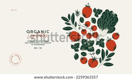 Tomatoes and greens horizontal design template. Garden food. Farm fresh organic vegetables background