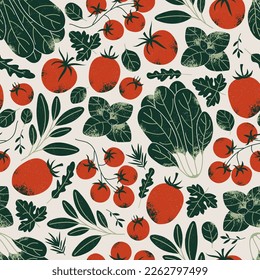 Tomatoes and greens seamless pattern. Garden food. Farm fresh organic vegetables background.