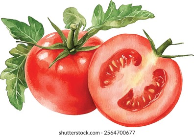 Tomatoes half and cut watercolor vector illustration isolated on white background