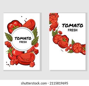 Tomatoes hand drawn banners or labels set. Tomato food frames for posters for farm market or vegetable packaging design, sketch color vector illustration.