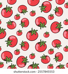 Tomatoes hand drawn seamless pattern, vector illustration, engraving style, fabric design