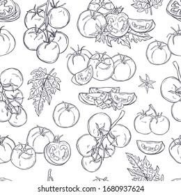 Tomates. Hortalizas dibujadas a mano sobre fondo blanco.  Patrón veloz.