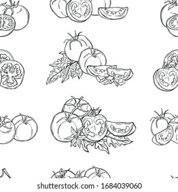 Tomates. Hortalizas dibujadas a mano sobre fondo blanco.  Patrón veloz.