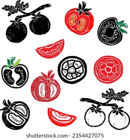 Tomates. Ilustración al estilo de linocut. Conjunto de texturas vectoriales de elementos para el diseño