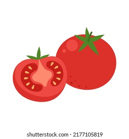 Tomatoes isolated on white background. Whole red tomato and half. Solanum lycopersicum. Vector vegetables illustration in flat style.