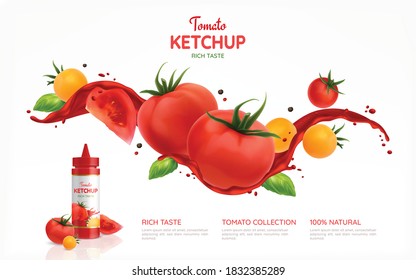 Tomatoes ketchup realistic poster with rich taste symbols vector illustration