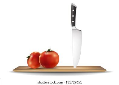 Tomatoes and knife on a kitchen cutting board