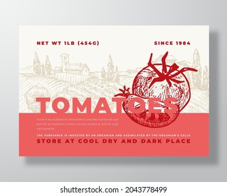 Tomatoes Label Template. Abstract Vector Packaging Design Layout. Modern Typography Banner with Hand Drawn Vegetables and Rural Landscape Background. Isolated.