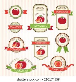 Tomatoes labels. Vegetables color package decorations set. 