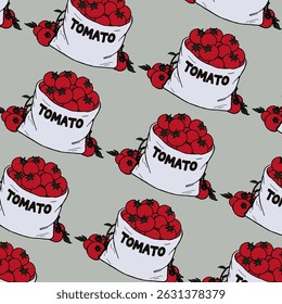 Tomatoes in large quantities are collected in a sack. A sack with the word tomato written on it and tomatoes scattered around the edges.Tomatoes in a canvas bag. Hand drawn for kids coloring book.