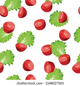 Tomatoes and lettuce seamless pattern. Lettuce leaves and red tomato seamless pattern. Organic vegetarian food. Used for design surfaces, fabrics, textiles, packaging paper.