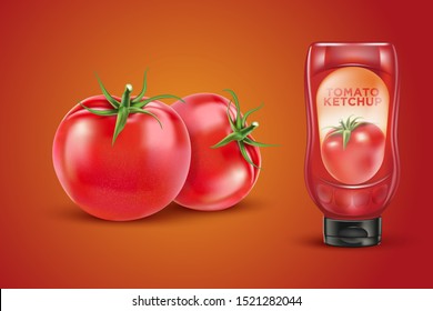 Tomatoes in the middle with packaging on solid color background. Realistic vector in 3D illustration.