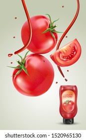 Tomatoes in the middle with sauce splashing and packaging isolated on solid color background. Realistic vector in 3D illustration.