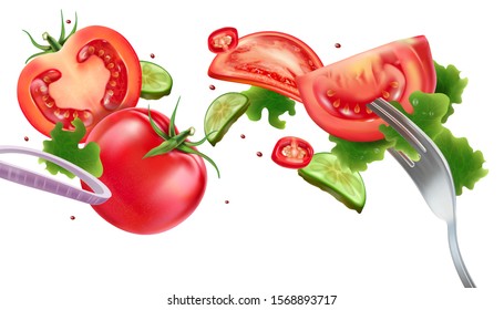 Tomatoes in the middle with slice and fork steel isolated on white background. Realistic vector in 3D illustration.